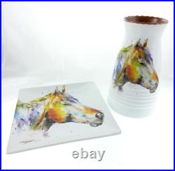 2pc Set Dean Crouser 7 Horse Head Vase Snack Plate Big Sky Carvers Ceramic