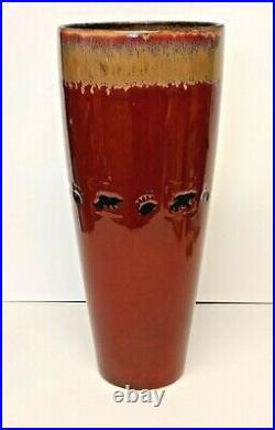 BIG BEAR Vase by Big Sky Carvers Bear & Footprints 13 Tall Deep Red/Taupe