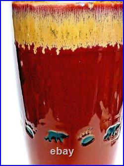 BIG BEAR Vase by Big Sky Carvers Bear & Footprints 13 Tall Deep Red/Taupe