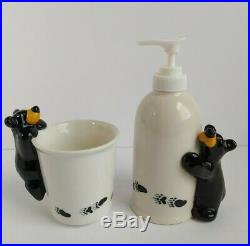 Bearfoots Black Bear Bathroom Set Soap Dispenser & Cup Big Sky Carvers Rare