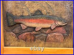 Big Sky Carver's Wooden Trout Cabinet, Fly Fishing Carved Wood Panel