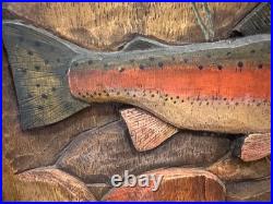 Big Sky Carver's Wooden Trout Cabinet, Fly Fishing Carved Wood Panel