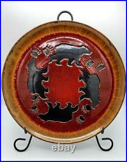 Big Sky Carvers 15 Red & Brown Black Bear & Bear Paw Stoneware Platter