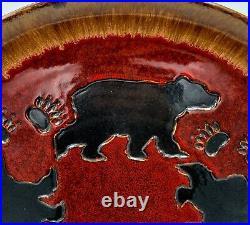 Big Sky Carvers 15 Red & Brown Black Bear & Bear Paw Stoneware Platter