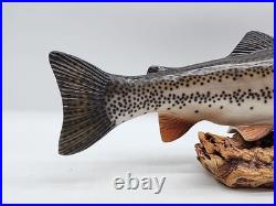 Big Sky Carvers 17 Hand Carved Wooden Rainbow Trout Signed Bill Reel Burl base