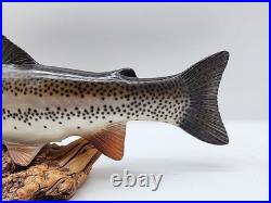 Big Sky Carvers 17 Hand Carved Wooden Rainbow Trout Signed Bill Reel Burl base