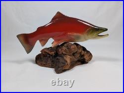 Big Sky Carvers 7 Hand Carved Wooden Sockeye Salmon Signed Bill Reel Burl Base