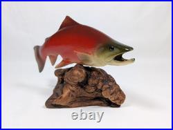 Big Sky Carvers 7 Hand Carved Wooden Sockeye Salmon Signed Bill Reel Burl Base
