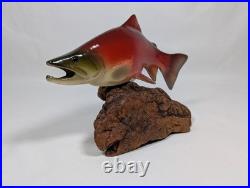 Big Sky Carvers 7 Hand Carved Wooden Sockeye Salmon Signed Bill Reel Burl Base