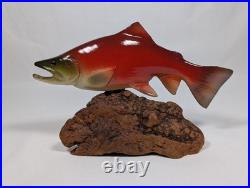 Big Sky Carvers 7 Hand Carved Wooden Sockeye Salmon Signed Bill Reel Burl Base