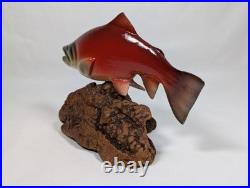 Big Sky Carvers 7 Hand Carved Wooden Sockeye Salmon Signed Bill Reel Burl Base