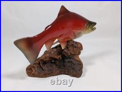 Big Sky Carvers 7 Hand Carved Wooden Sockeye Salmon Signed Bill Reel Burl Base