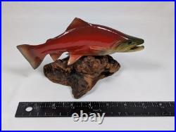 Big Sky Carvers 7 Hand Carved Wooden Sockeye Salmon Signed Bill Reel Burl Base