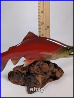 Big Sky Carvers 7 Hand Carved Wooden Sockeye Salmon Signed Bill Reel Burl Base