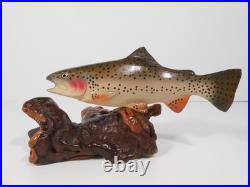 Big Sky Carvers 8 x4 Hand Carved Wooden Brook Trout Signed B. Reel Burl base