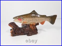 Big Sky Carvers 8 x4 Hand Carved Wooden Brook Trout Signed B. Reel Burl base