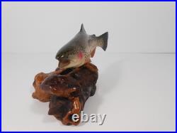 Big Sky Carvers 8 x4 Hand Carved Wooden Brook Trout Signed B. Reel Burl base