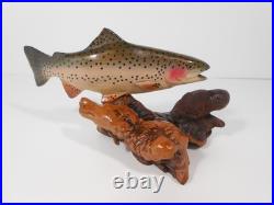 Big Sky Carvers 8 x4 Hand Carved Wooden Brook Trout Signed B. Reel Burl base