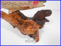 Big Sky Carvers 8 x4 Hand Carved Wooden Brook Trout Signed B. Reel Burl base