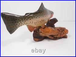 Big Sky Carvers 8 x4 Hand Carved Wooden Brook Trout Signed B. Reel Burl base