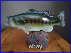 Big Sky Carvers B. Reel Large Mouth Bass Fish Wood Carving on Burl Wood Base