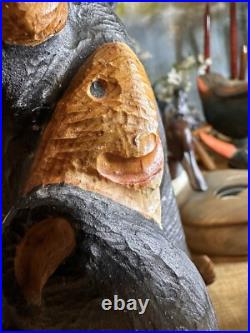 Big Sky Carvers Bear Fish 12 hand carved Wood MONTANA HANDMADE Hugging the fish