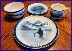 Big Sky Carvers FLY FISHING Stoneware 4 PC. SET/S Blue & White T. Norby 2000