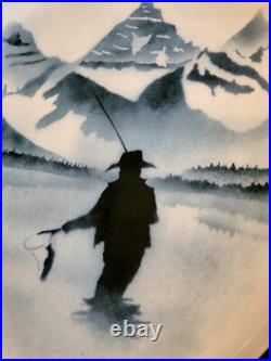 Big Sky Carvers FLY FISHING Stoneware 4 PC. SET/S Blue & White T. Norby 2000