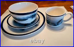 Big Sky Carvers FLY FISHING Stoneware 4 PC. SET/S Blue & White T. Norby 2000