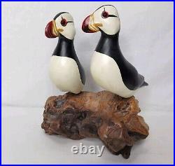 Big Sky Carvers Hand Carved Wood Puffins Glass Eyes Bird Puffin Figure Signed