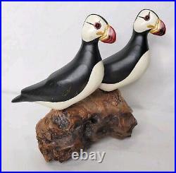 Big Sky Carvers Hand Carved Wood Puffins Glass Eyes Bird Puffin Figure Signed