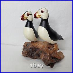 Big Sky Carvers Hand Carved Wood Puffins Glass Eyes Bird Puffin Figure Signed