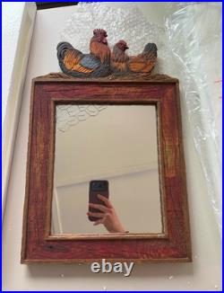 Big Sky Carvers Rooster & Hen Rustic Wood Framed Wall Mirror 24x18 Chicken Wire