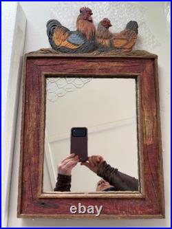 Big Sky Carvers Rooster & Hen Rustic Wood Framed Wall Mirror 24x18 Chicken Wire