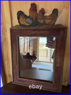 Big Sky Carvers Rooster & Hen Rustic Wood Framed Wall Mirror 24x18 Chicken Wire