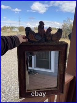 Big Sky Carvers Rooster & Hen Rustic Wood Framed Wall Mirror 24x18 Chicken Wire