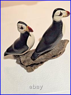 Big Sky Carvers Wood Puffins withGlass Eyes Hand Carved Signed Bird Figurine