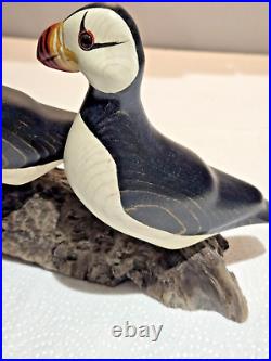 Big Sky Carvers Wood Puffins withGlass Eyes Hand Carved Signed Bird Figurine