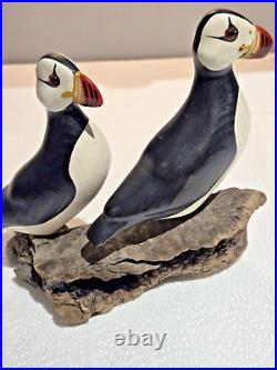 Big Sky Carvers Wood Puffins withGlass Eyes Hand Carved Signed Bird Figurine