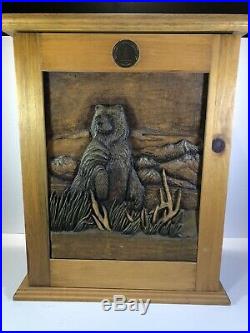 Custom NRA Big Sky Carvers wall Wood cabinet with 3D Grizzly Bear Door Carving