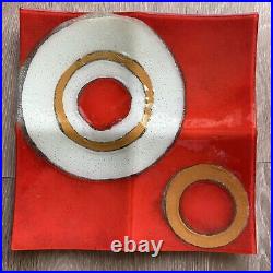Decorative Contemporary Square Plate WithRings & Circles Red-Orange Off White