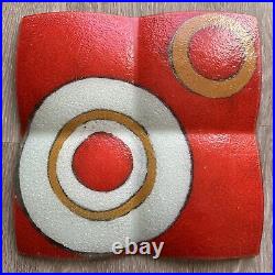 Decorative Contemporary Square Plate WithRings & Circles Red-Orange Off White