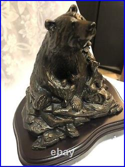 JM Fleming BigSky Carvers, 2018, Spring Cubs Clay Sculpture, Woodbase, 9.5 Tall