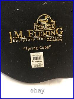JM Fleming BigSky Carvers, 2018, Spring Cubs Clay Sculpture, Woodbase, 9.5 Tall