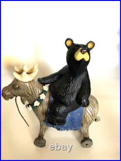 RARE Big Sky Carvers Jeff Fleming Black Bear riding toy horse / moose daisies