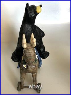 RARE Big Sky Carvers Jeff Fleming Black Bear riding toy horse / moose daisies