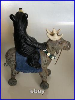 RARE Big Sky Carvers Jeff Fleming Black Bear riding toy horse / moose daisies