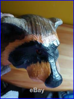 Rare 1996 Big Sky Carvers Wood Carved Raccoon Holding Fish Sculpture