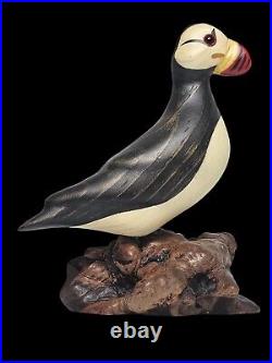 Rare Big Sky Carvers Hand Carved Wood PUFFIN withGlass Eyes Bird Figurine Signed