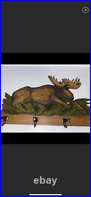 Rare Big Sky Carvers Moose Rustic Country Hand Crafted Wooden Wall Coat Hanger